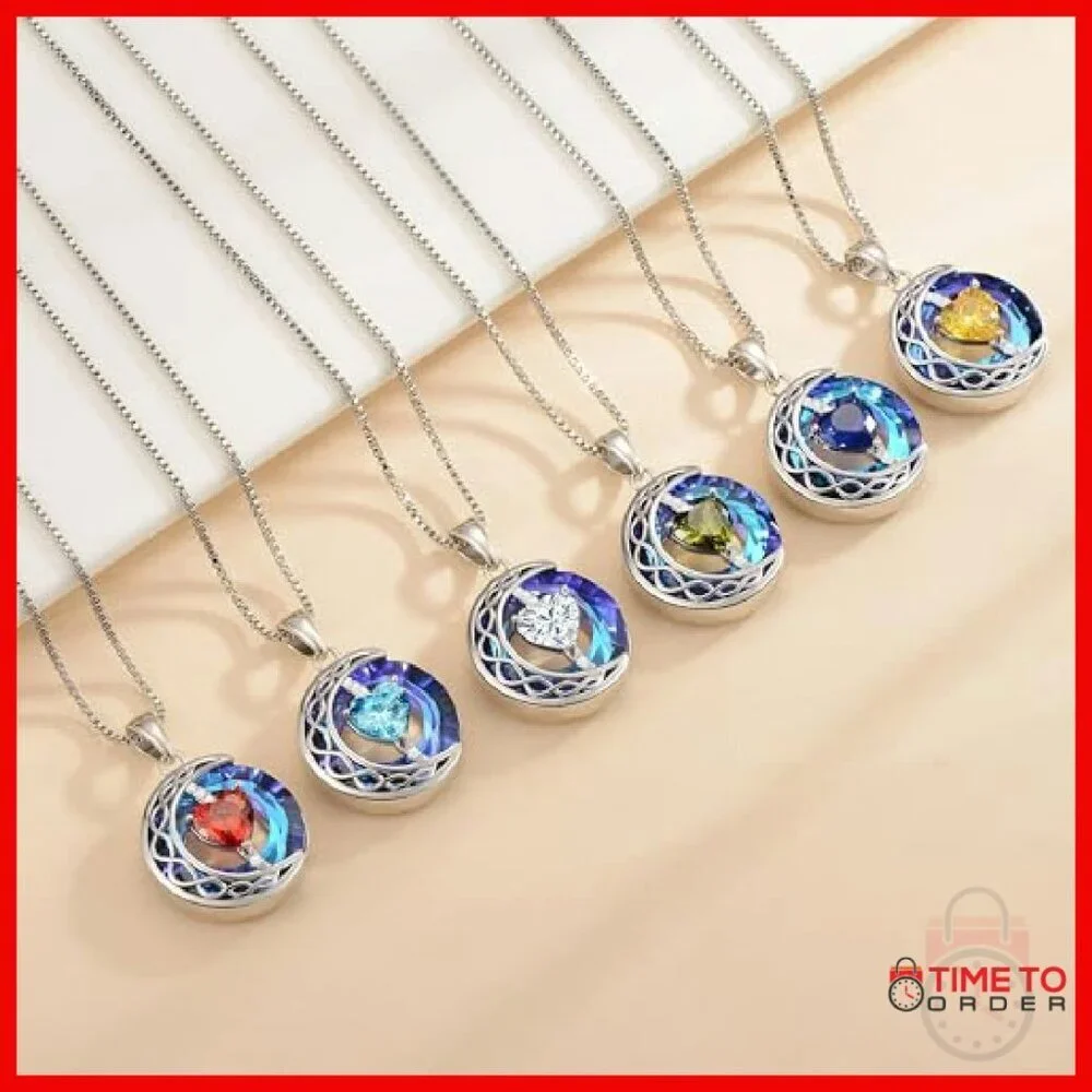 Sterling Silver Moon Pendant Necklace with Crystal and Zircon Stones